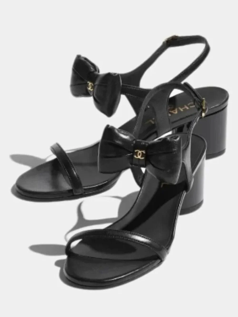 CHANEL 25P Lambskin Leather CC Bow Ankle Strap Sandals Block Heels Shoes - Picture 2 of 16